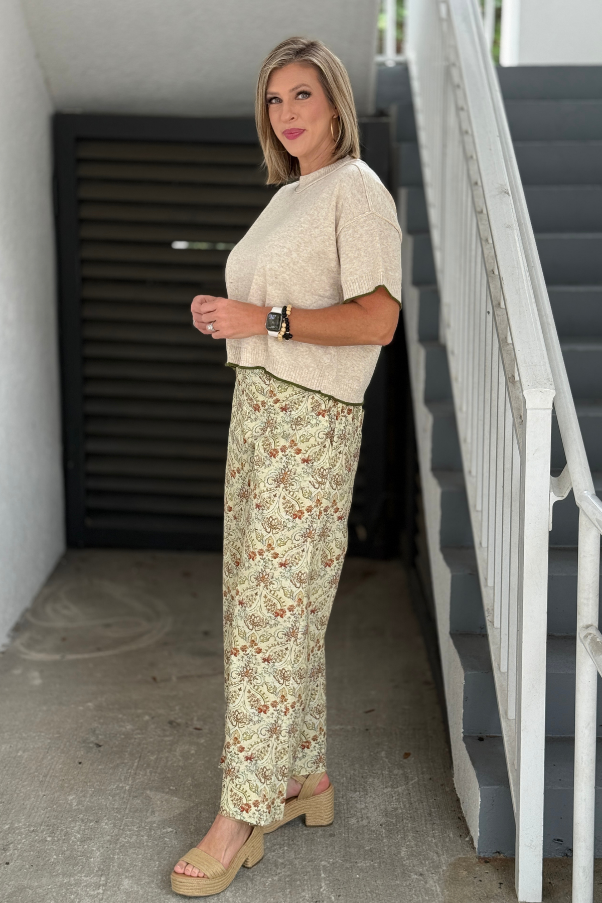 Stone wash paisley pants with olive rust and neutral detailing