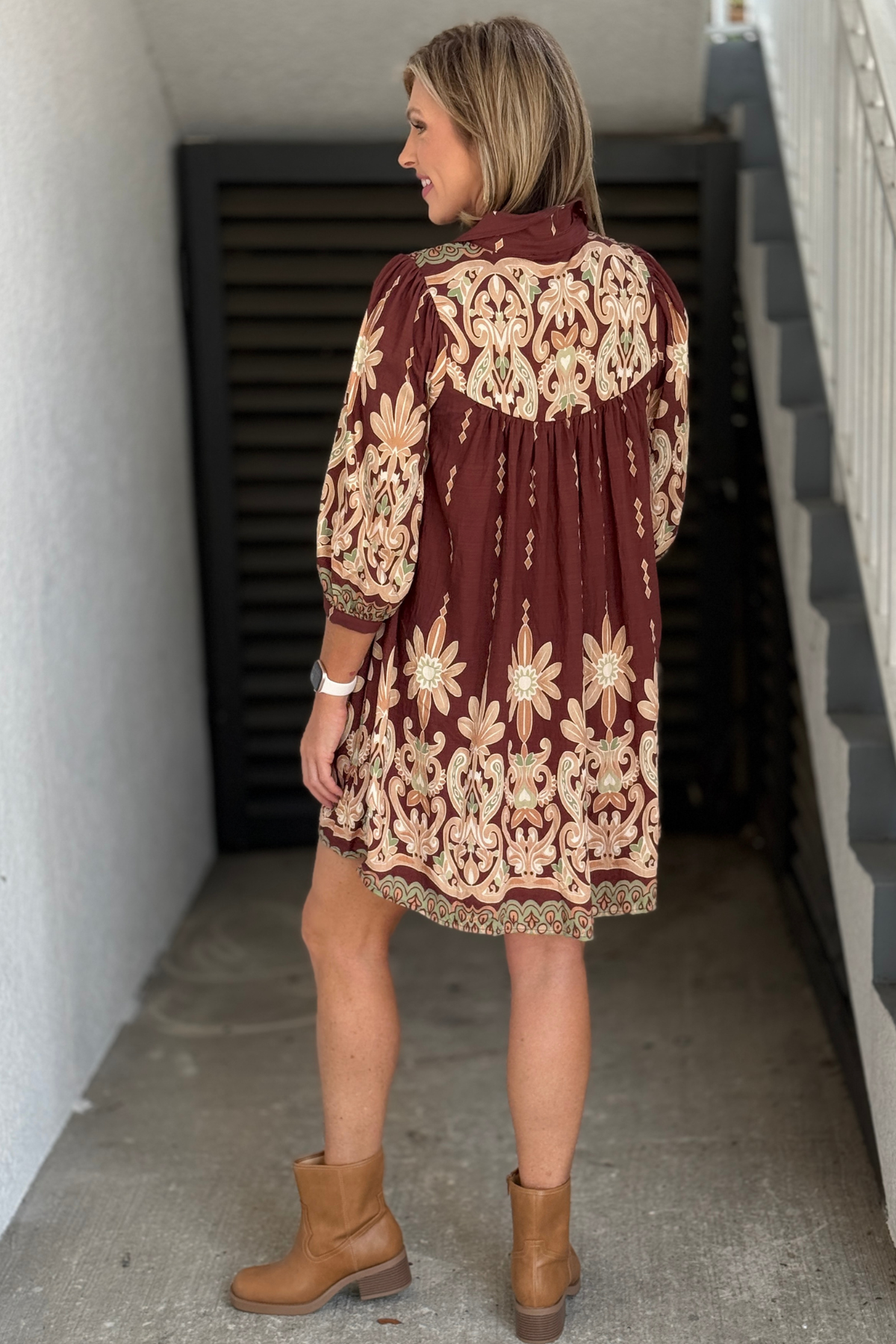 Lined boho floral shirt dress in brown and cream