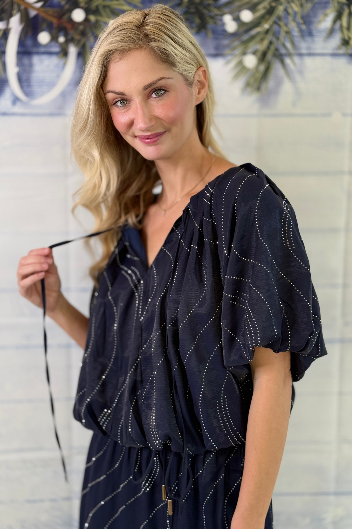 Navy rhinestone holiday party top with balloon sleeves