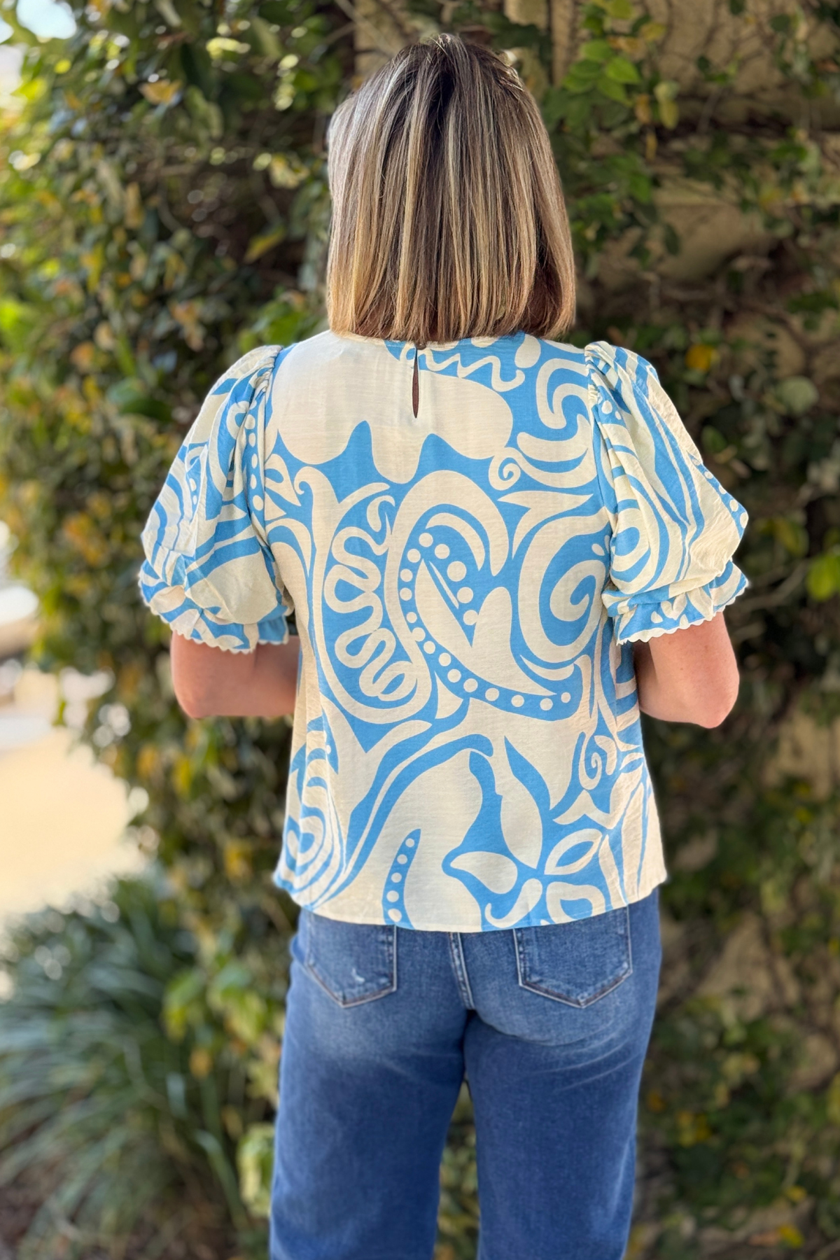 back view sky blue printed blouse women