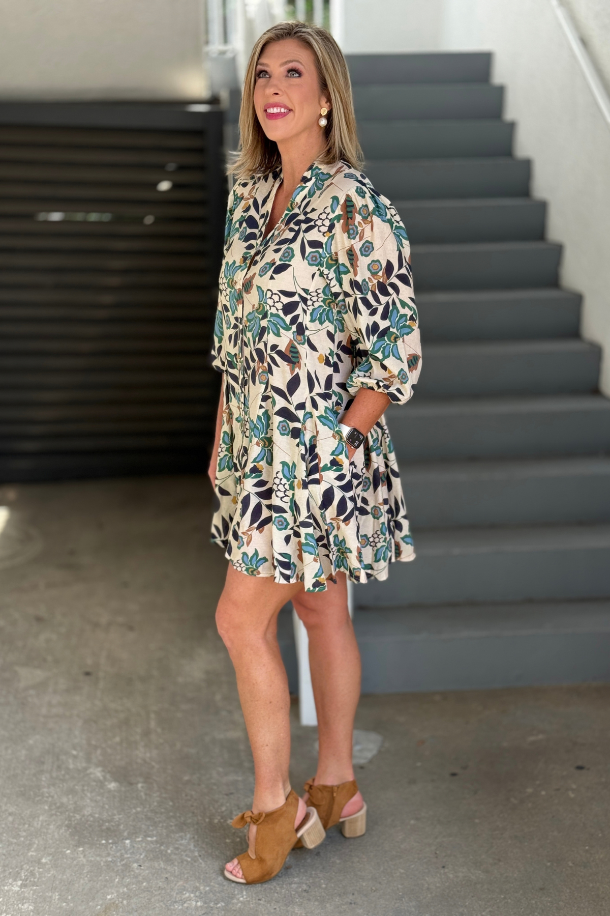 Back view of Navy Multi botanical print shirt dress