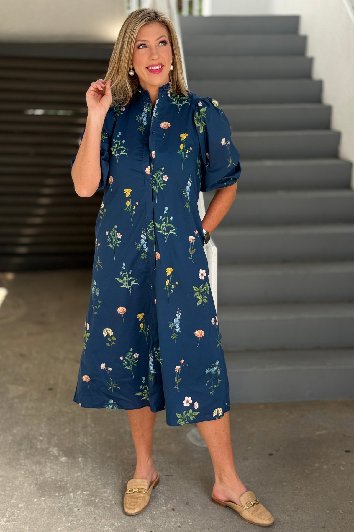 Navy Floral Ruffle Collar Midi Dress