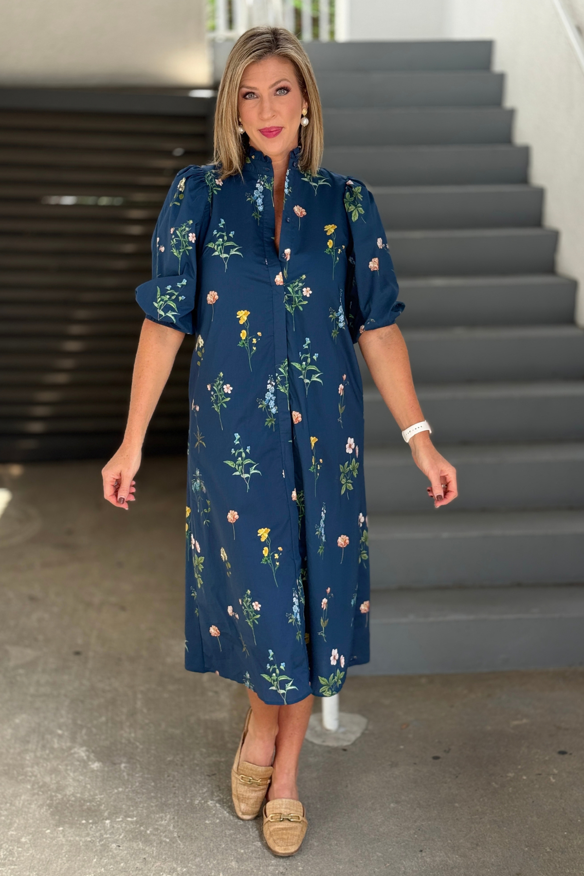 Women’s navy botanical print button front midi dress