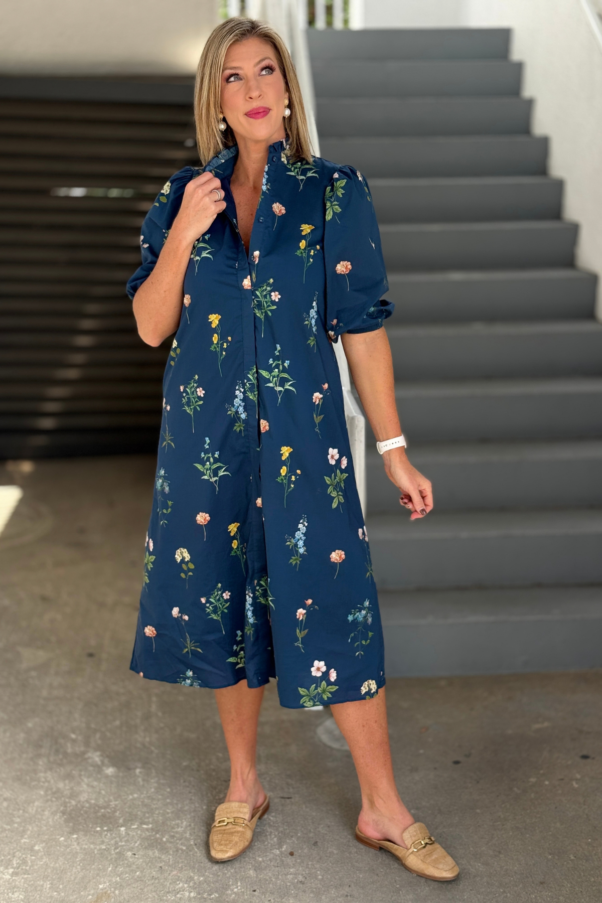 Navy floral midi dress with ruffled collar