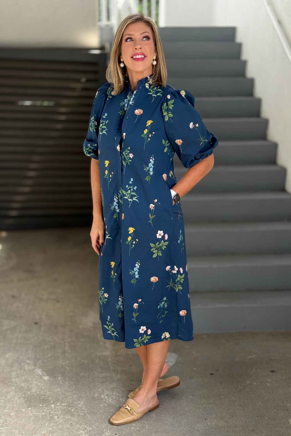 Fall navy floral button down midi dress