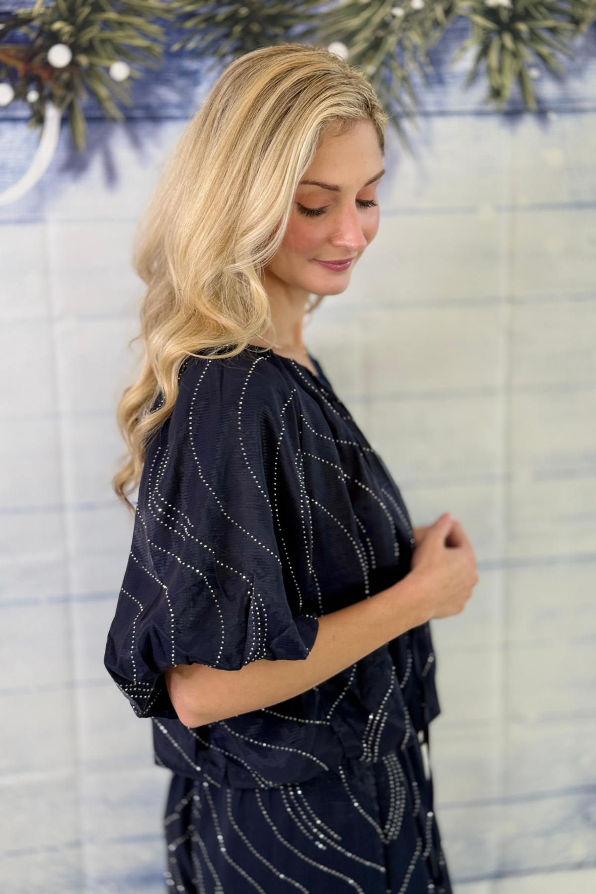 Women’s navy pleated rhinestone blouse for Christmas parties