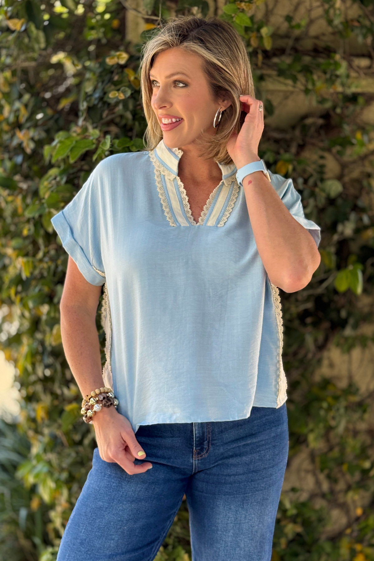 weekend coast lace top sky blue front view