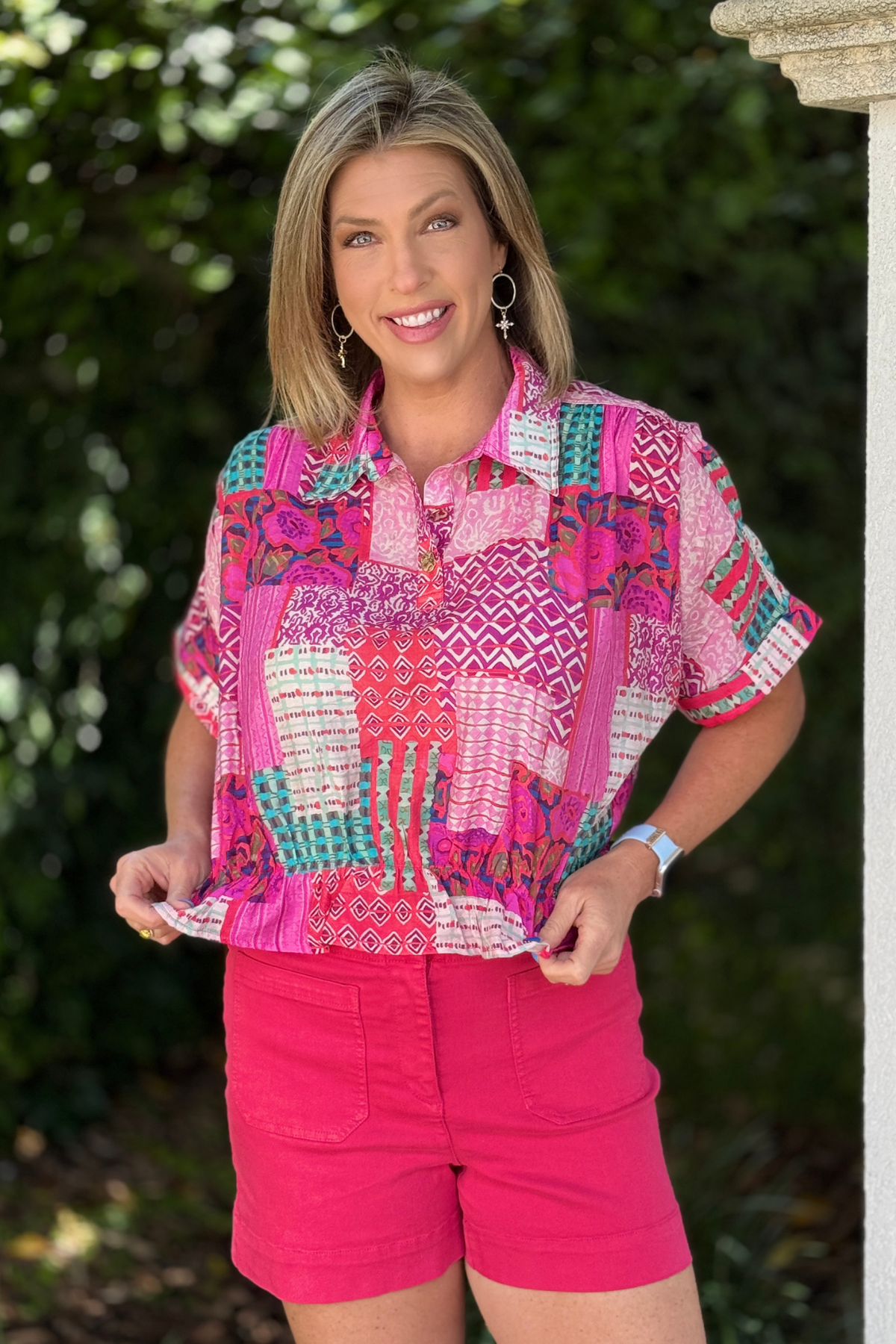 colorful mixed print blouse front view