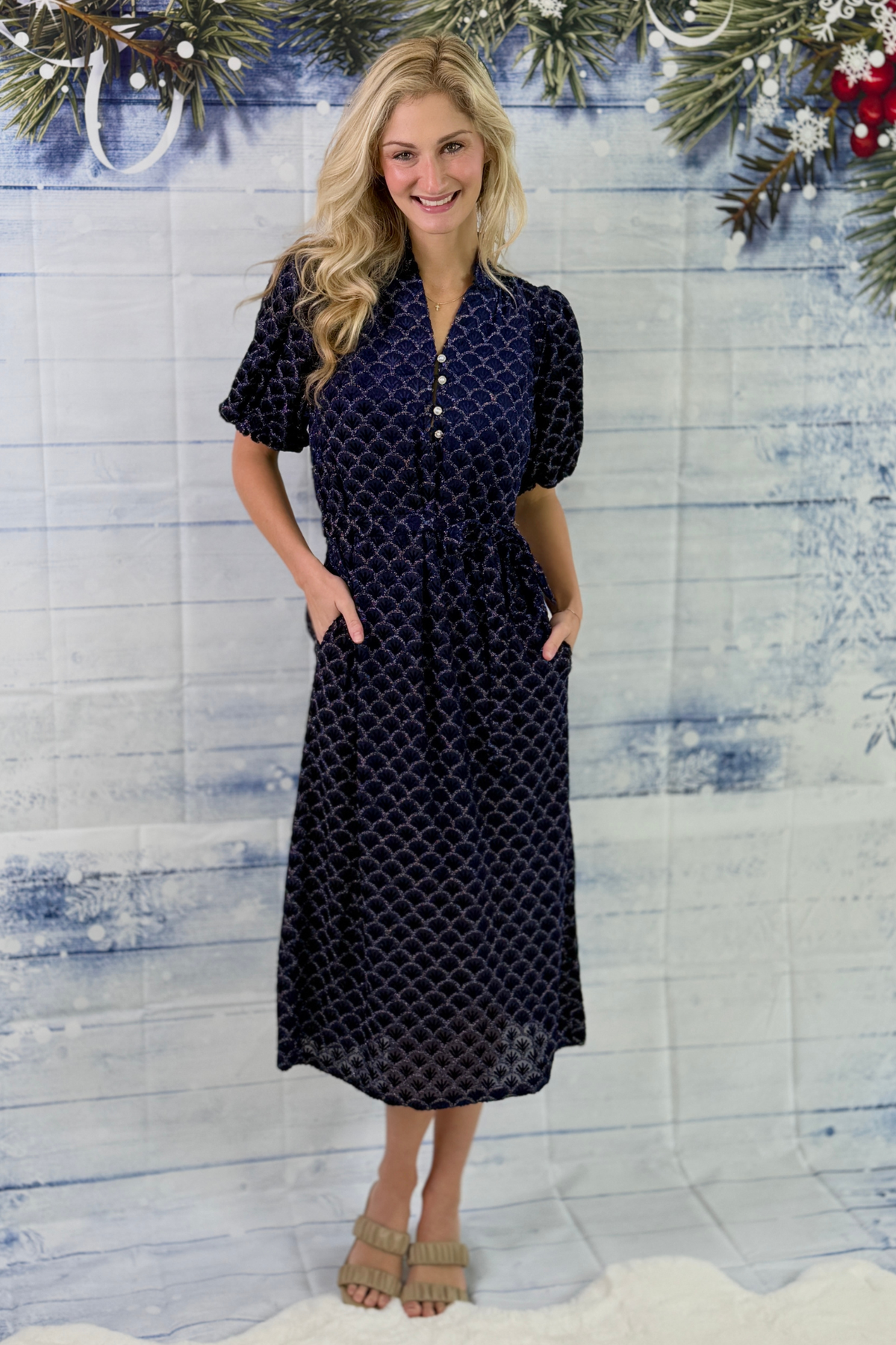 Navy metallic holiday midi dress with short puff sleeves