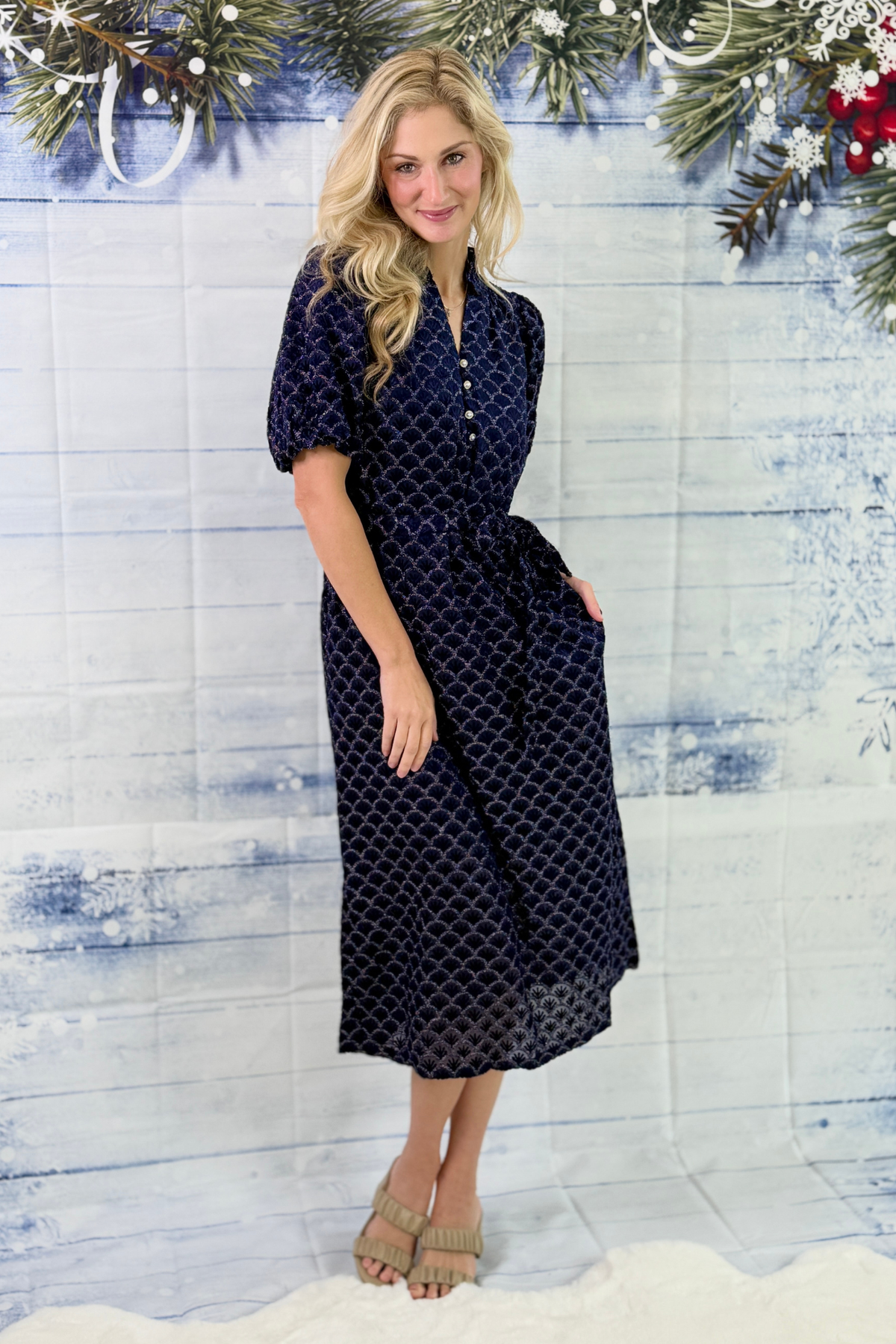Women’s navy burnout print midi dress with pearl buttons