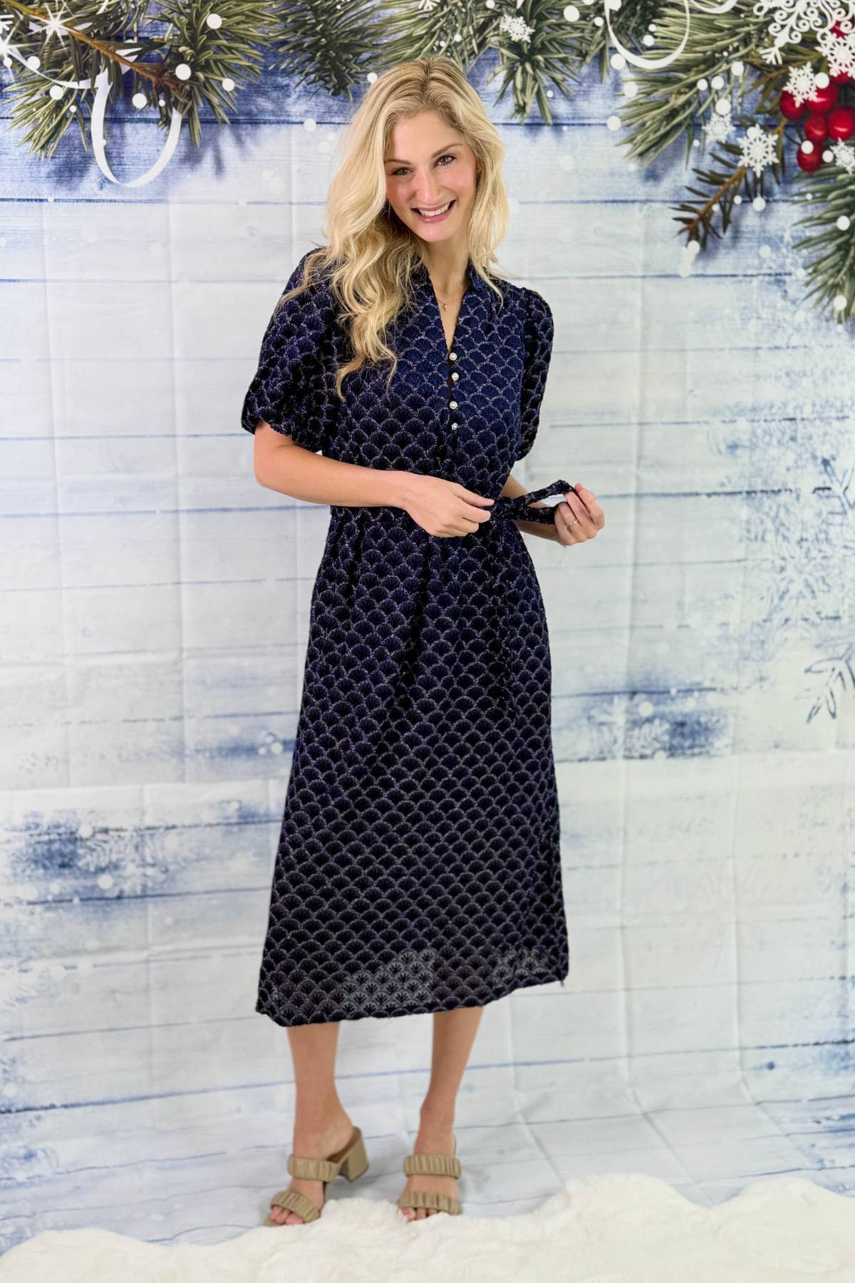 Lined navy Christmas party dress with metallic texture