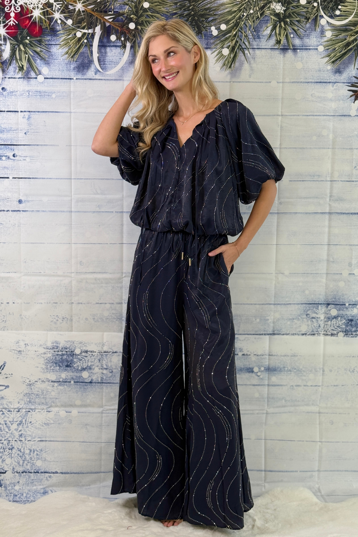 Navy rhinestone balloon sleeve boutique top