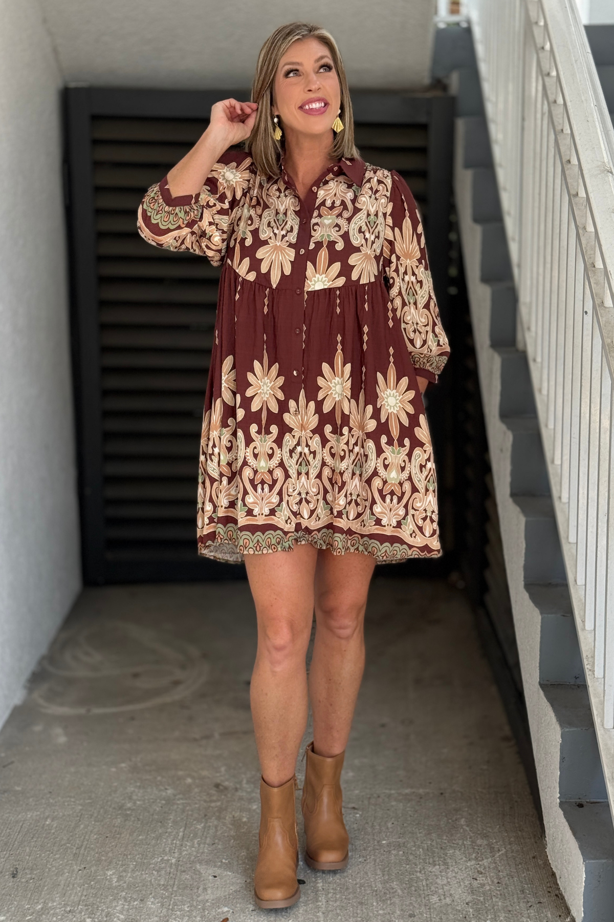 Vintage Soul Border Print Shirt Dress in Brown front view