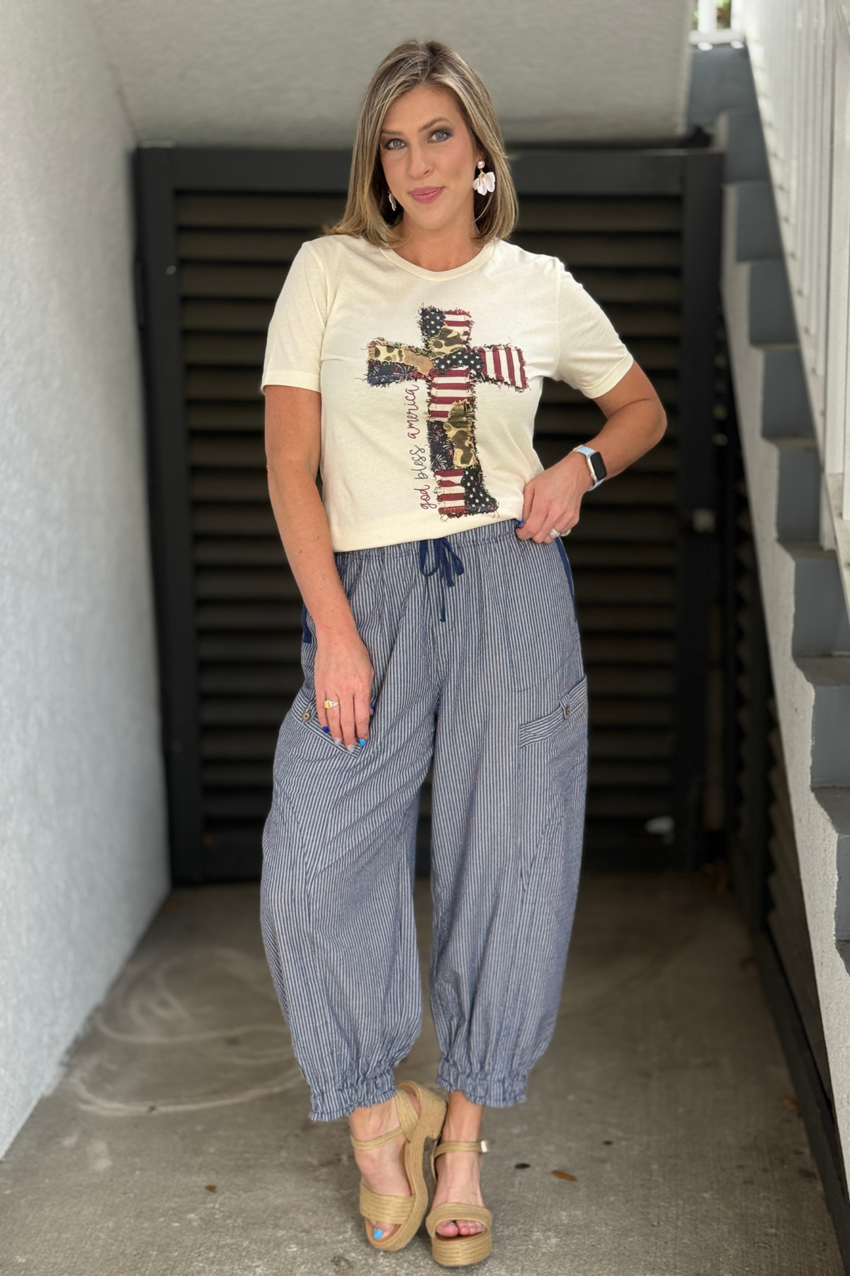 women’s patriotic striped pants styled with graphic tee