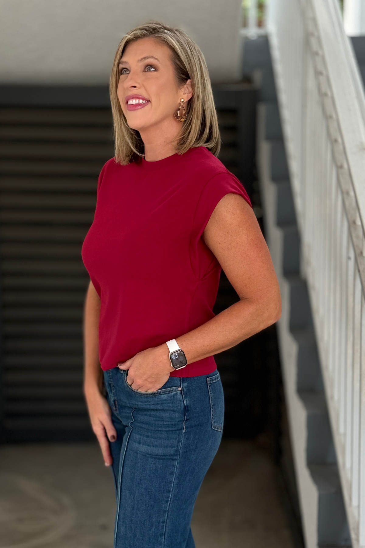 Women’s burgundy structured shoulder crew neck top