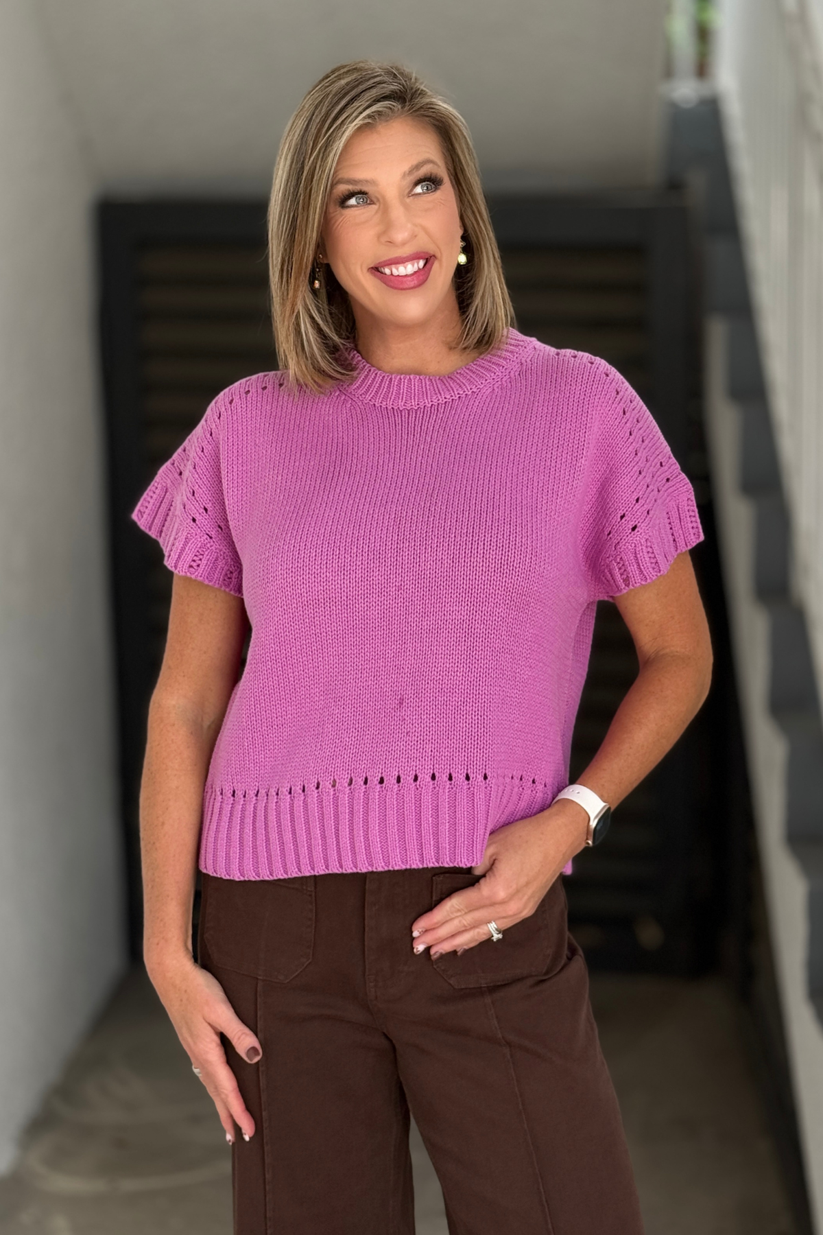 Magenta Mauve pointelle short sleeve sweater front view
