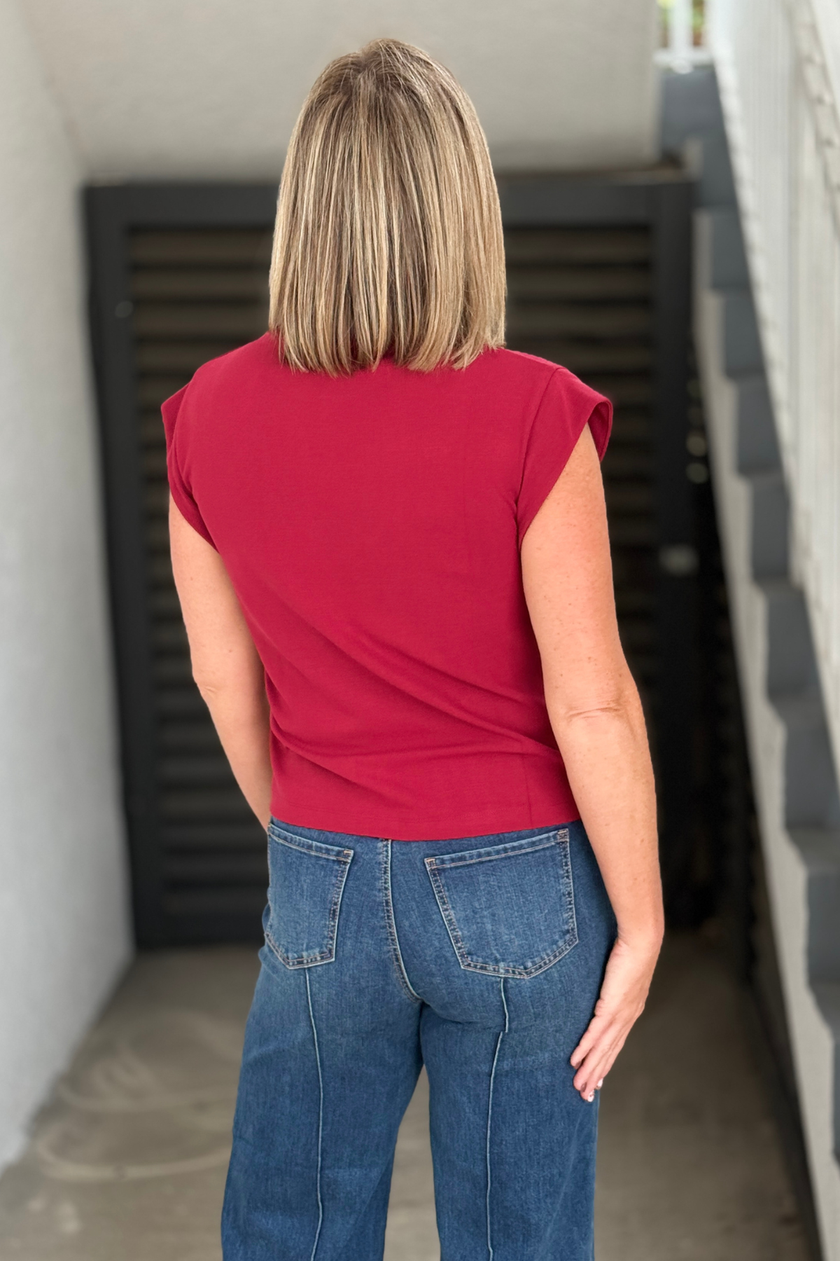 Women’s burgundy elevated basic top side view