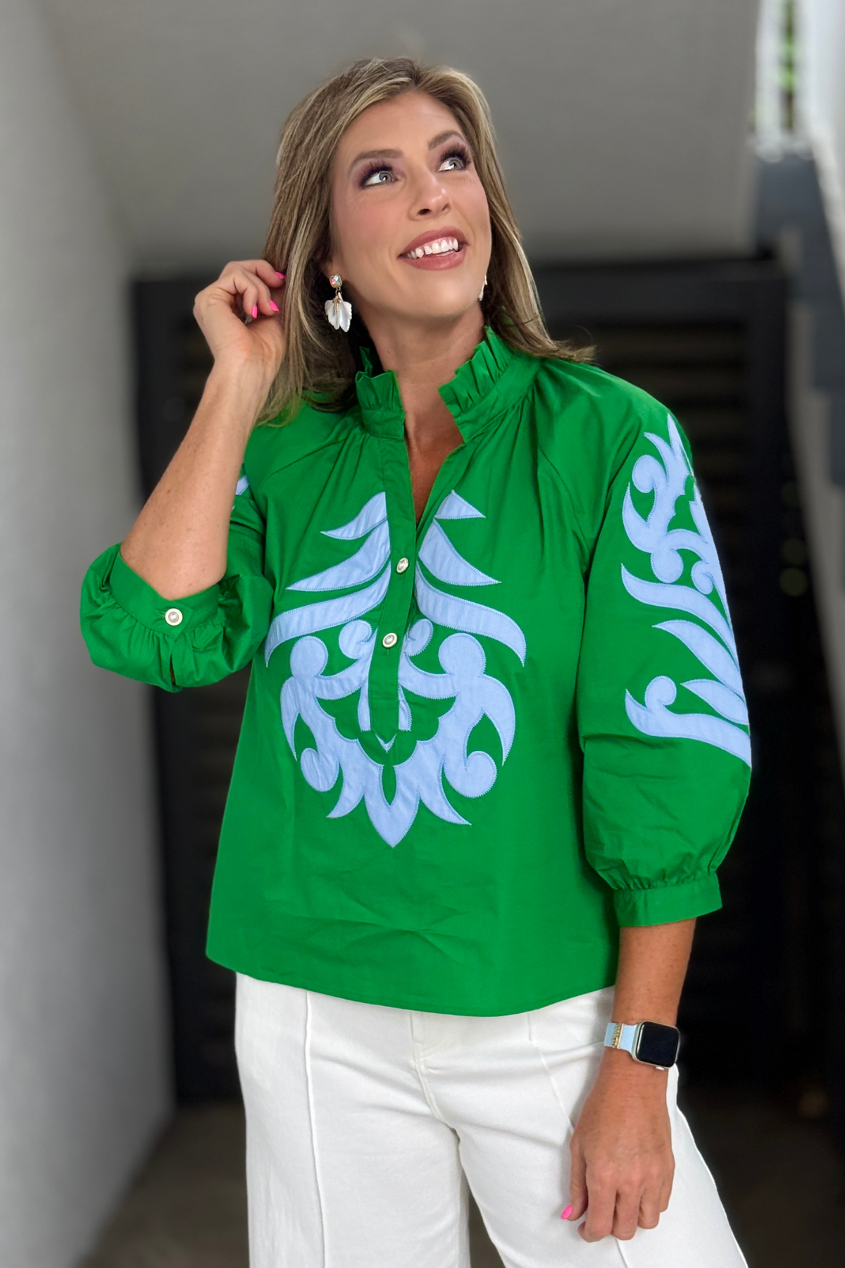 Kelly green blouse with sky blue Baroque appliqué detail