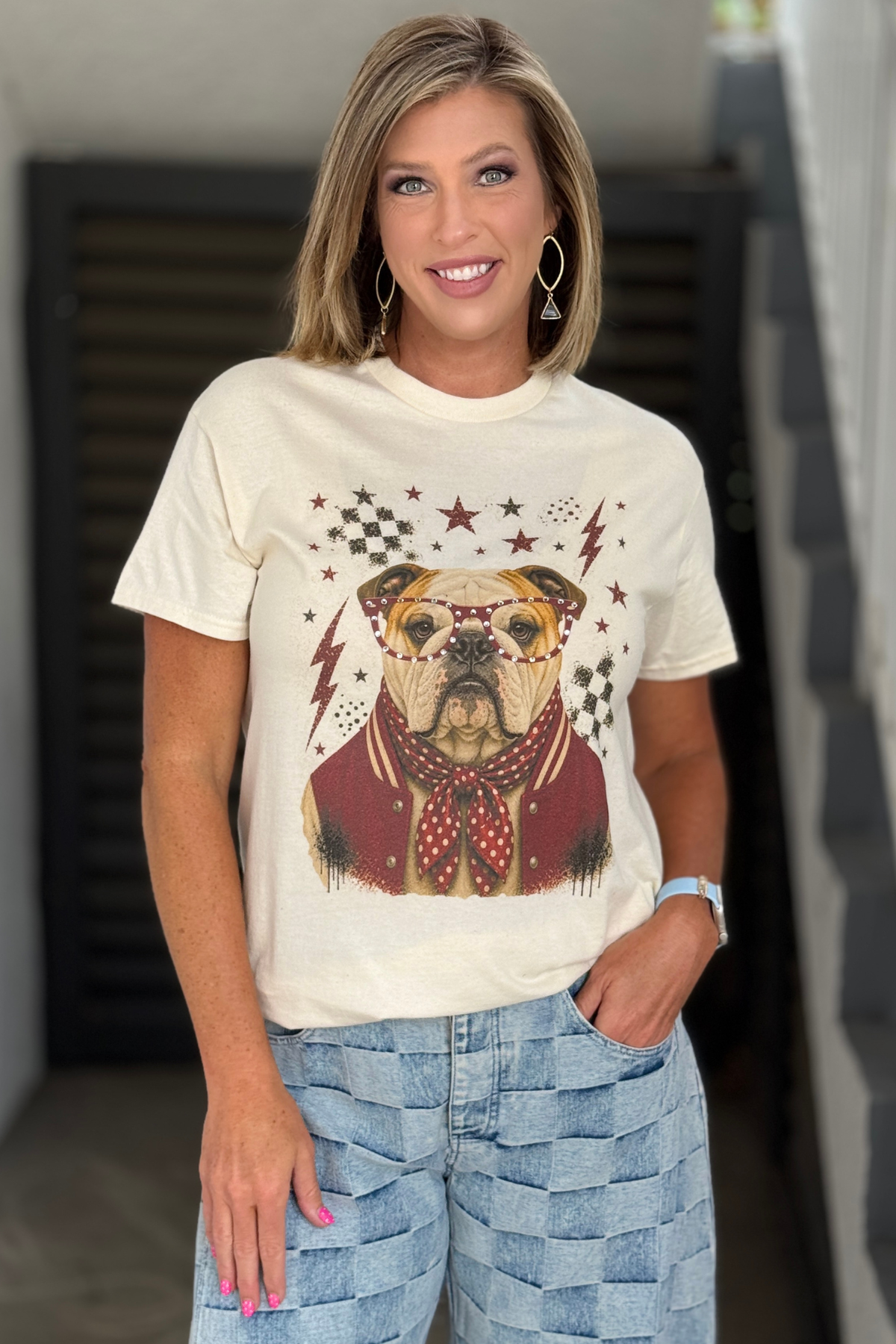 Bulldog graphic tee with rhinestone details
