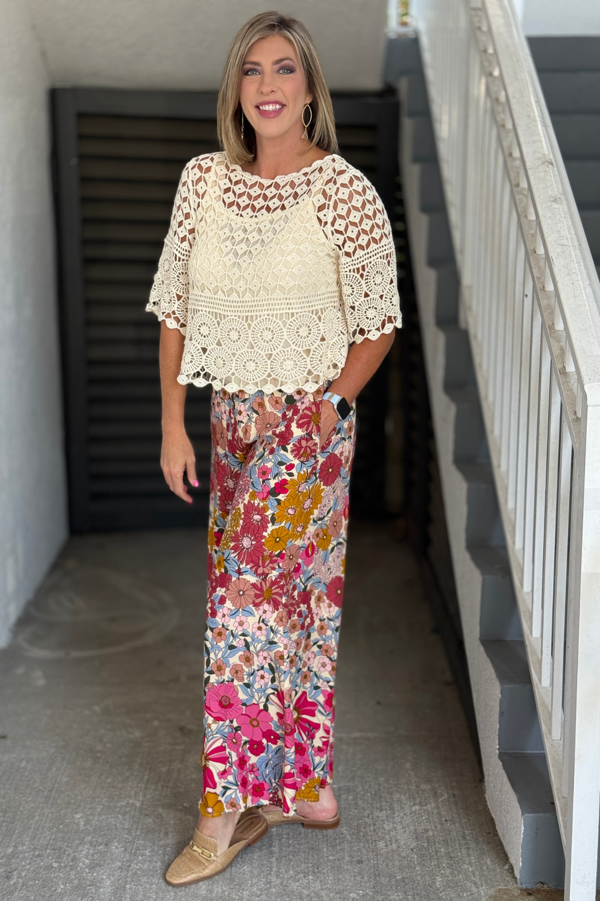 Smocked waist floral pants with pockets