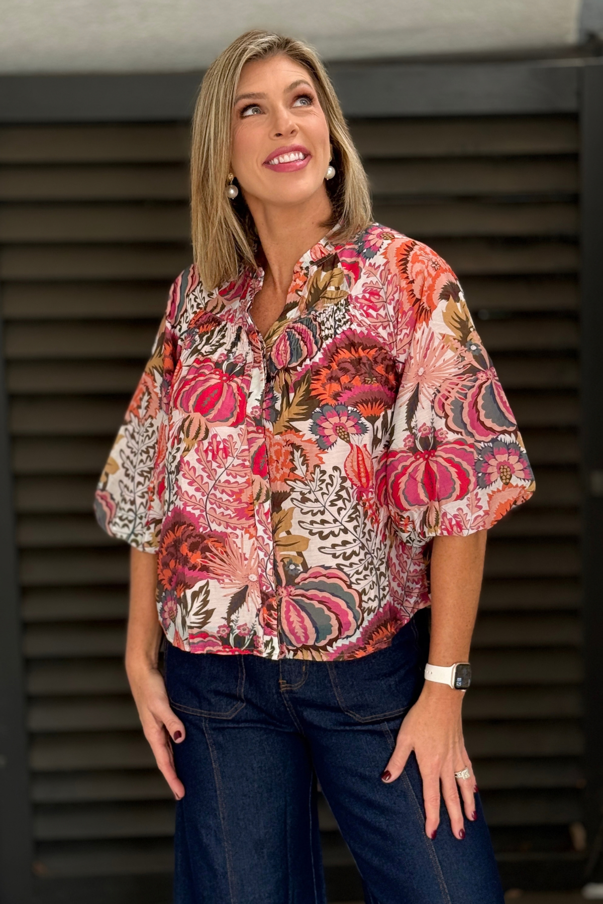 Rose blush botanical smocked yoke blouse