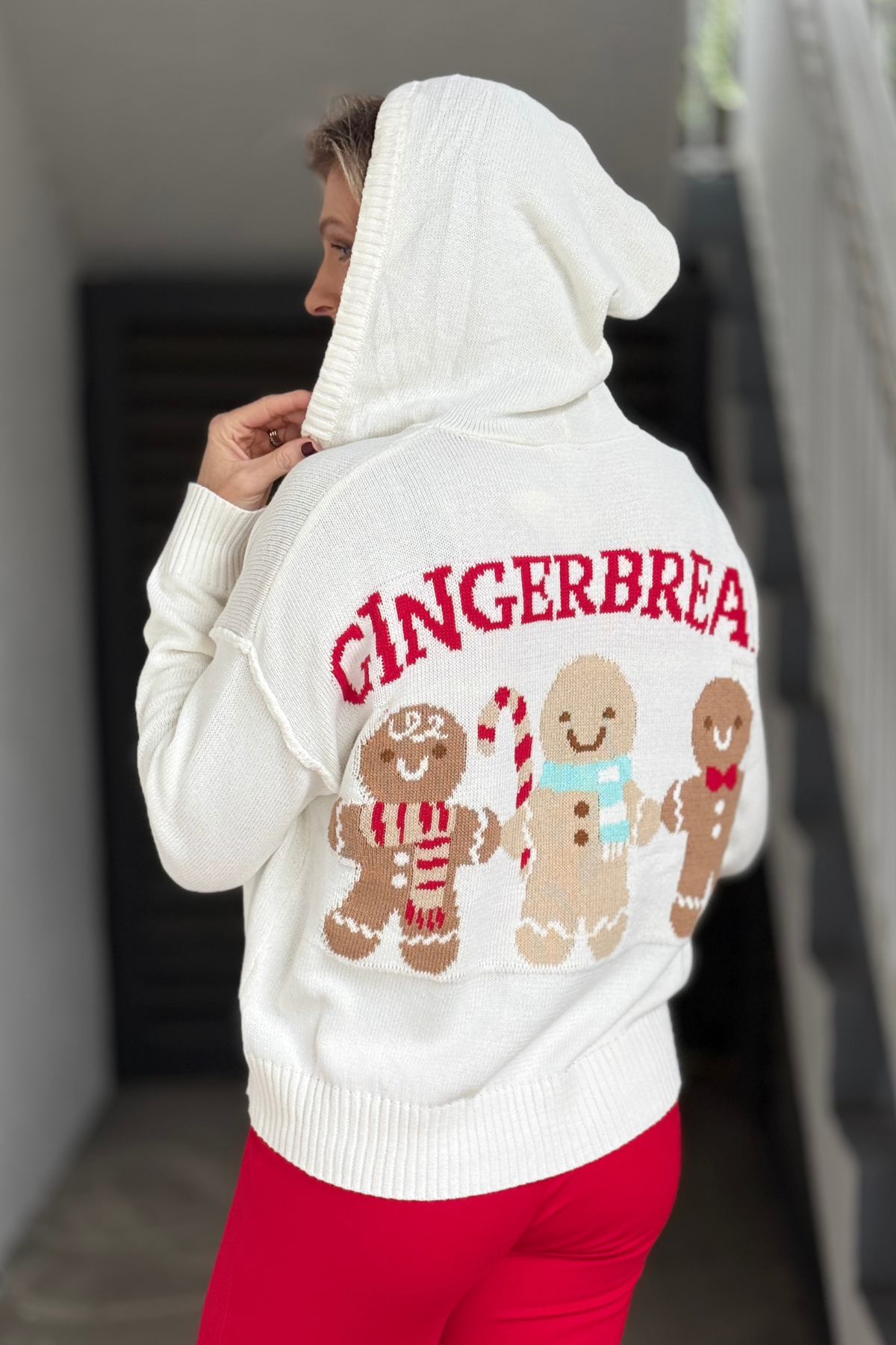Ivory gingerbread Christmas hooded cardigan for women