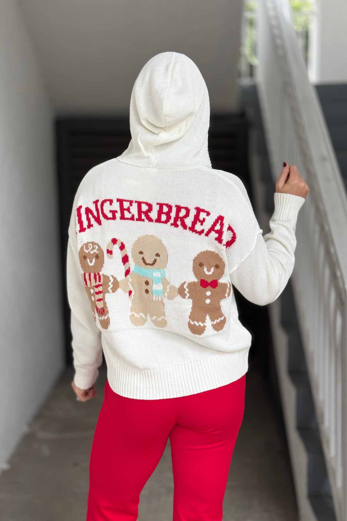 Gingerbread Christmas sweater cardigan styled with red pants
