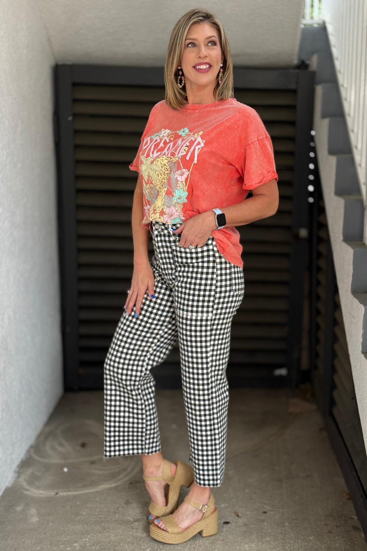 black and white checkered pants casual outfit