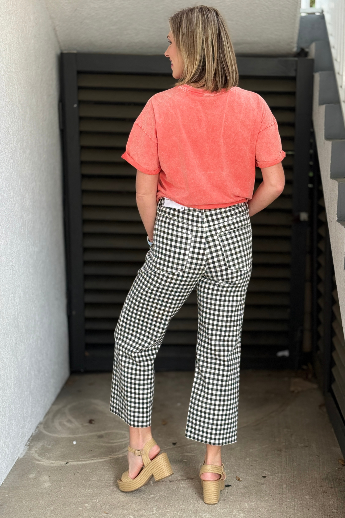 high rise gingham pants with raw hem detail