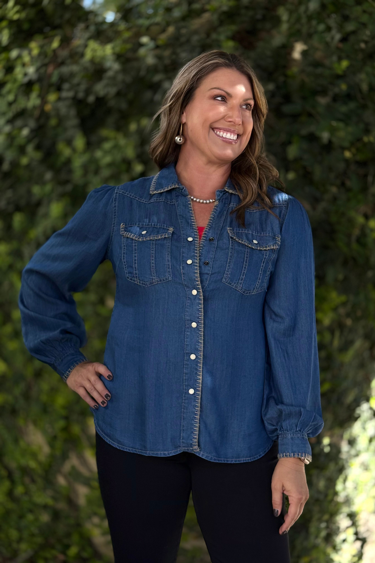 Close-up of contrast stitching on Sedona Stitch Denim Shirt Jacket