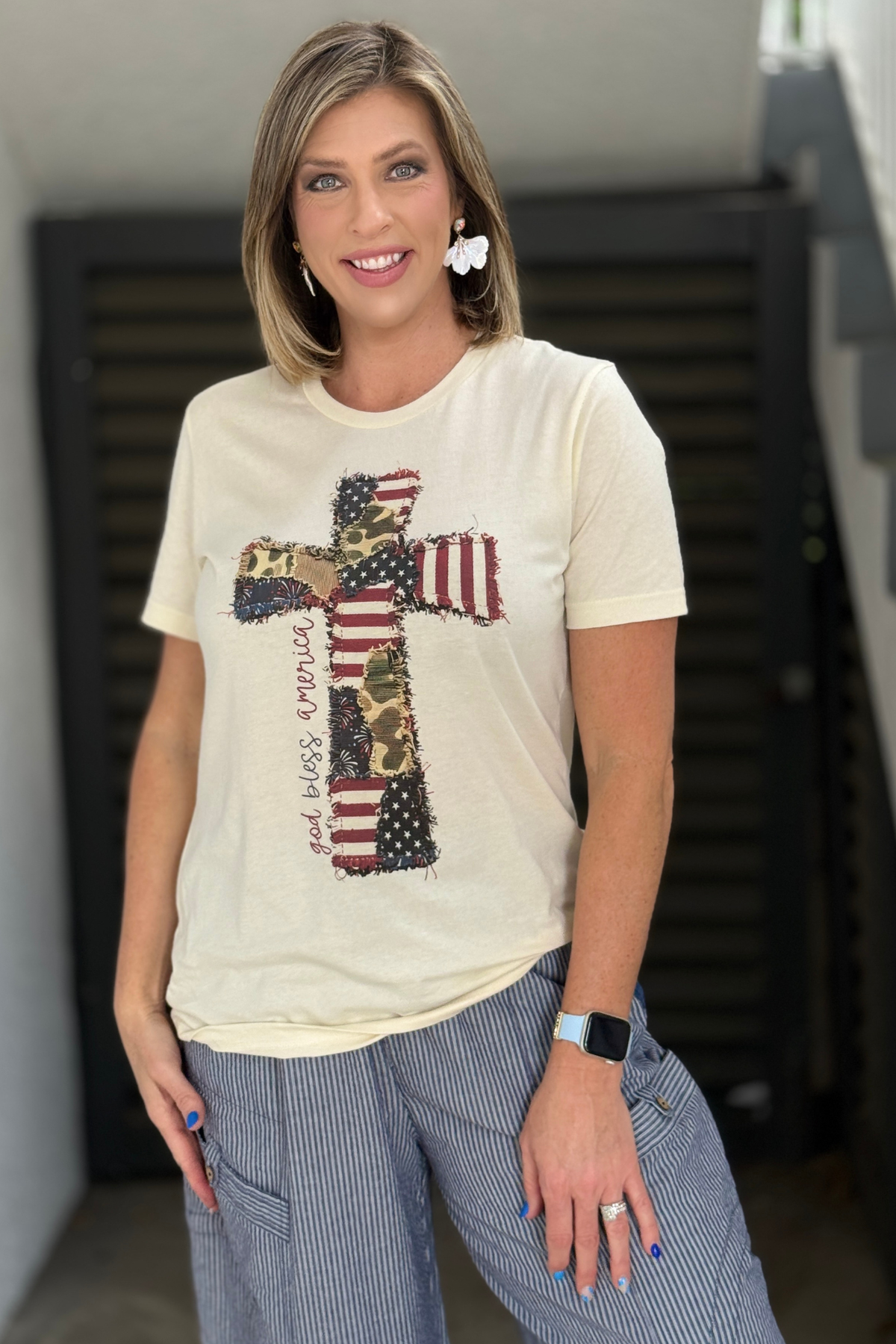 faith based patriotic shirt with mixed print cross graphic
