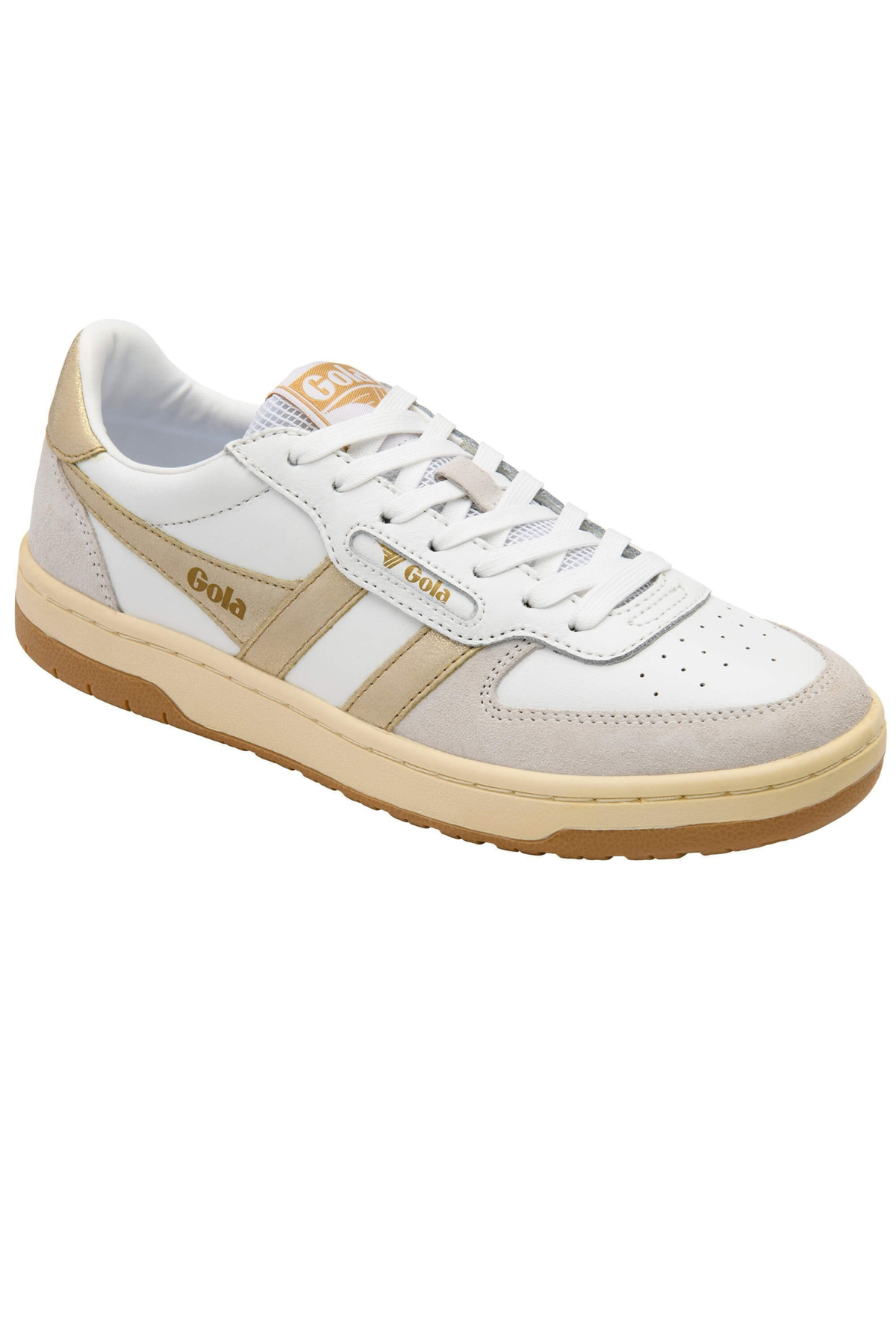 white gola sneakers with gold stripe detail