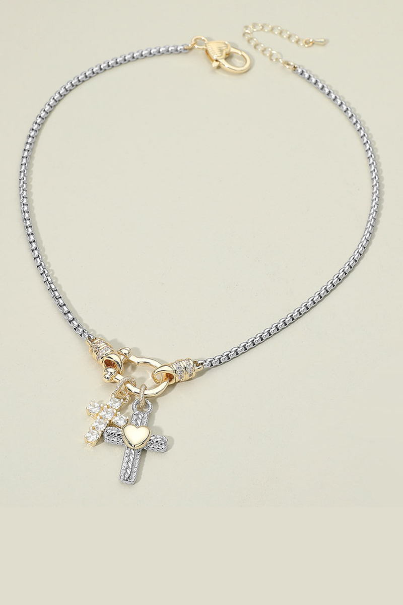 Gold dipped horsebit carabiner charm necklace with cross and heart pendants