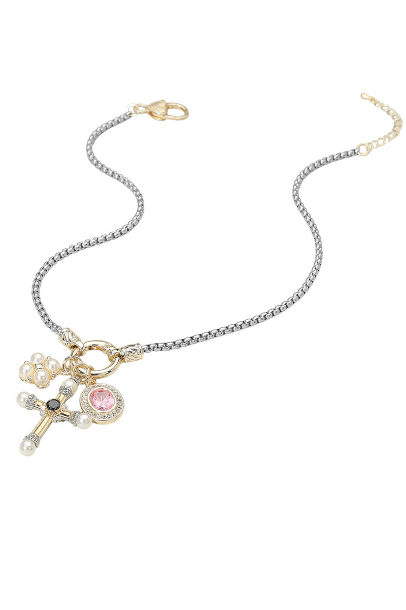 Gold dipped mixed metal necklace with pearl and CZ accents