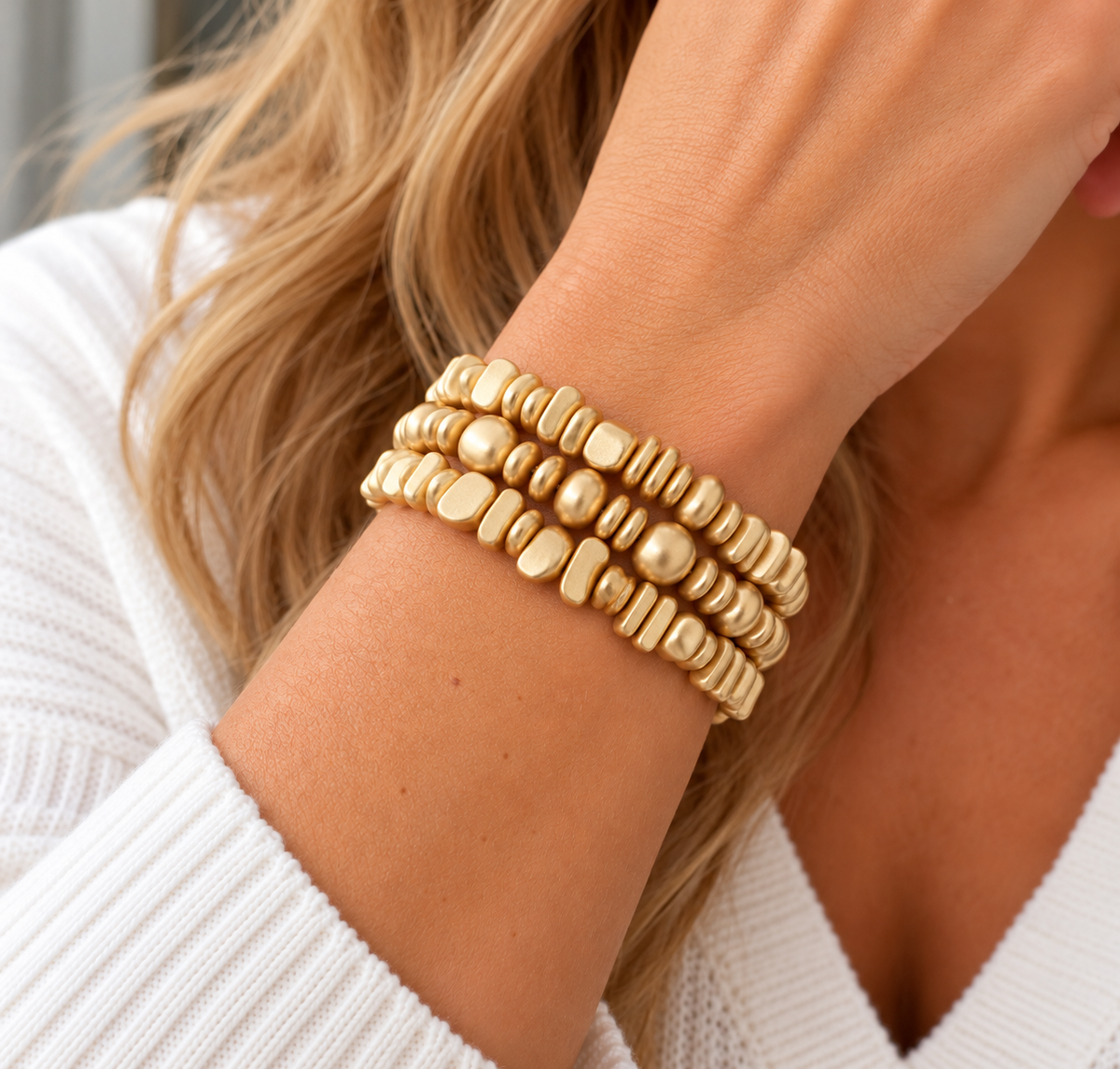 Gold Three-Row Chip & Rondelle Stretch Bracelet Set