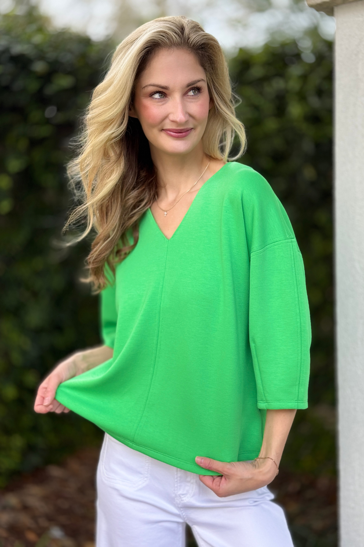 Bright green V-neck 3/4 sleeve women’s top