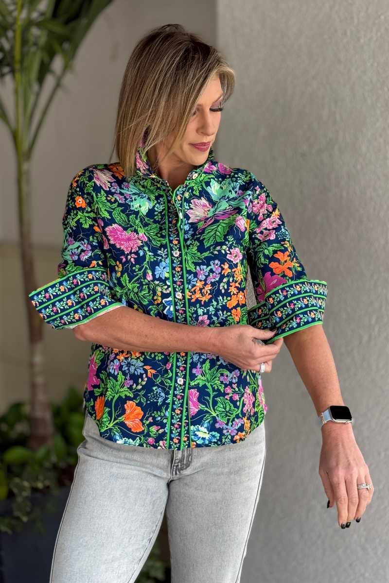 Gretchen Scott floral button down shirt detail