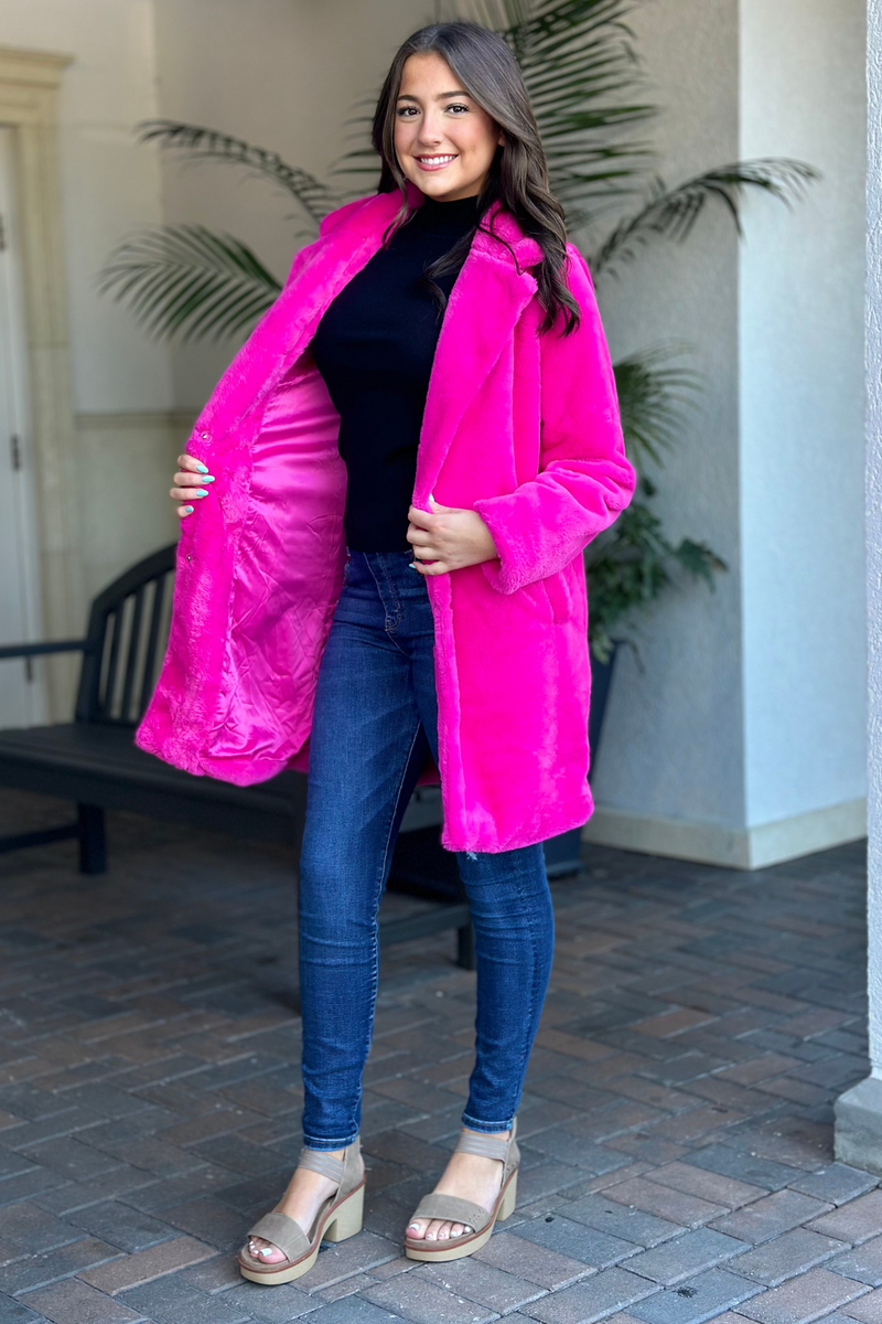 Renalda Teddy Faux Fur Coat-Hot Pink