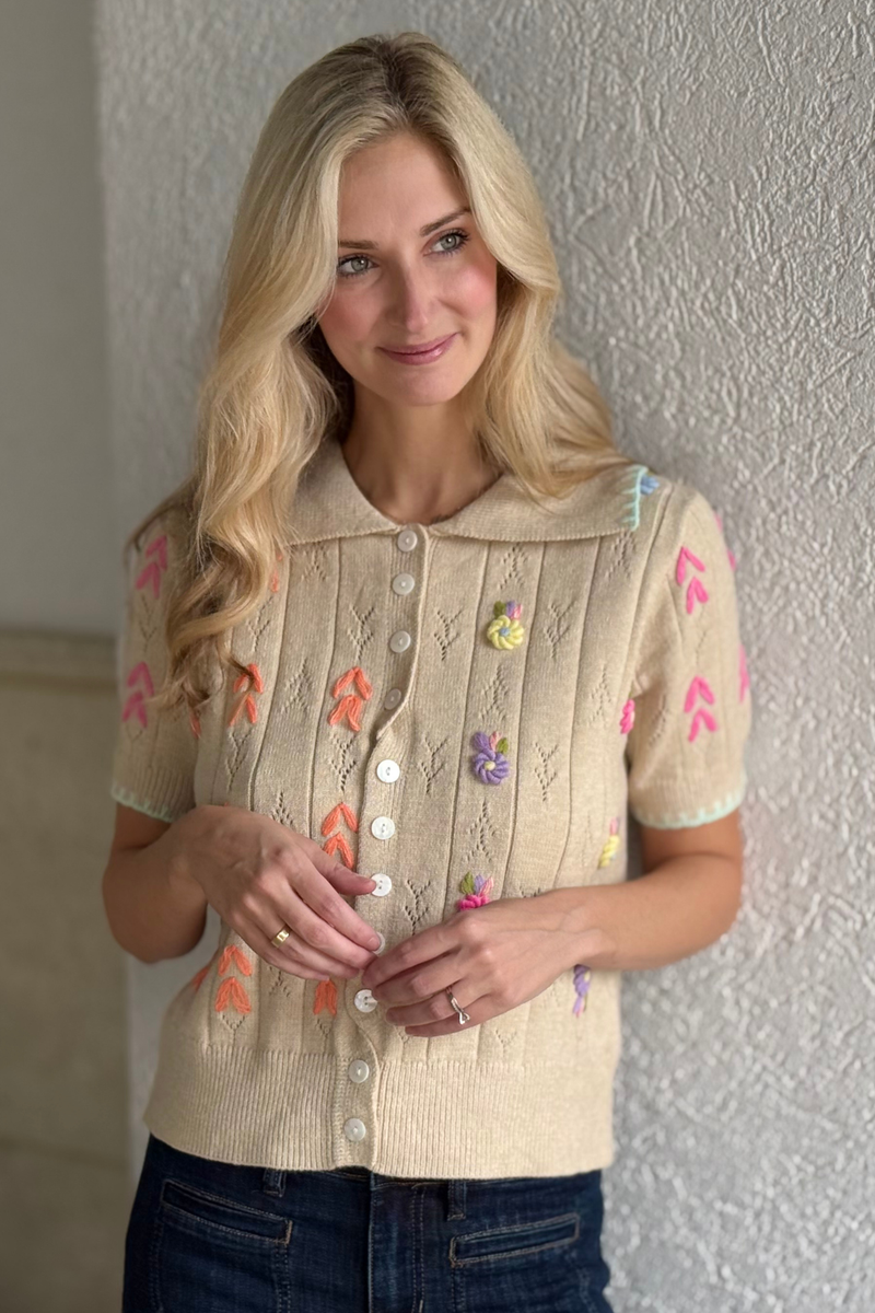 Pointelle knit button down sweater styled with jeans