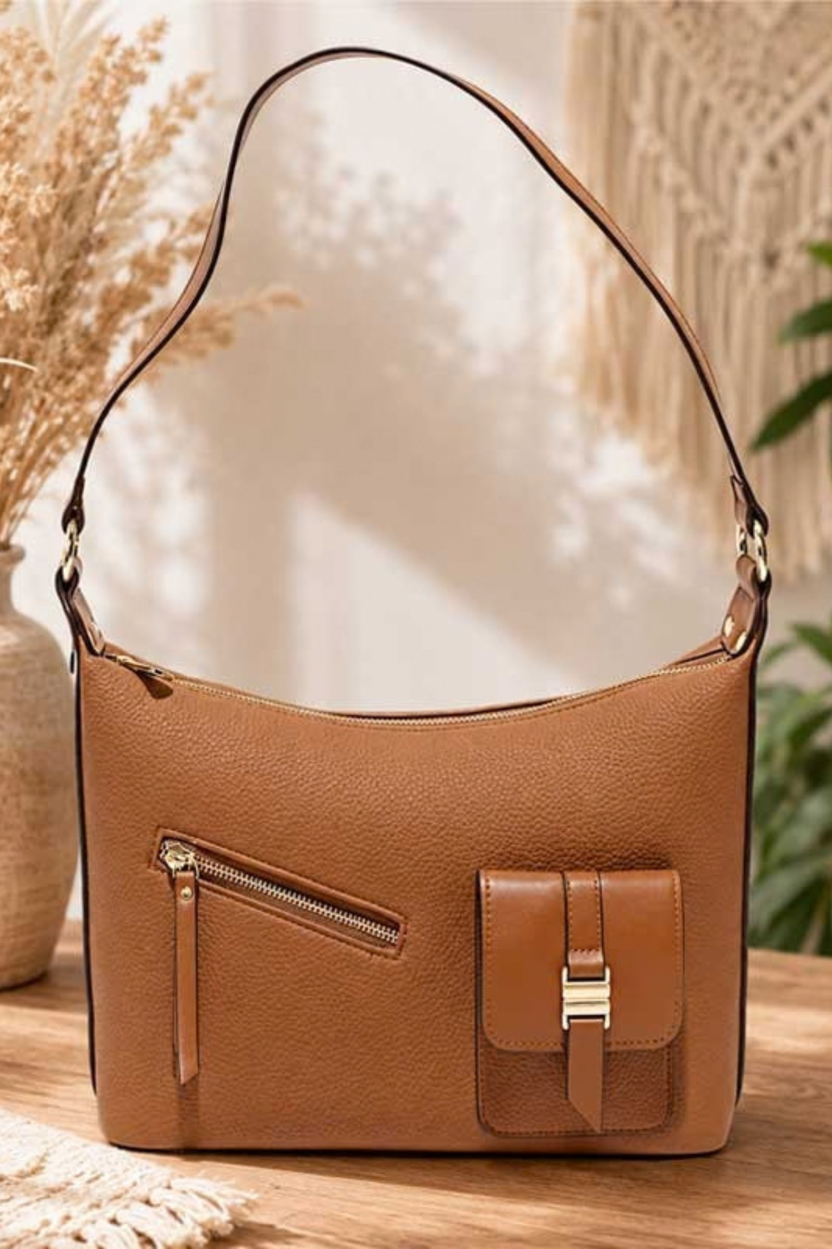 Laya tan hobo style shoulder handbag with gold hardware