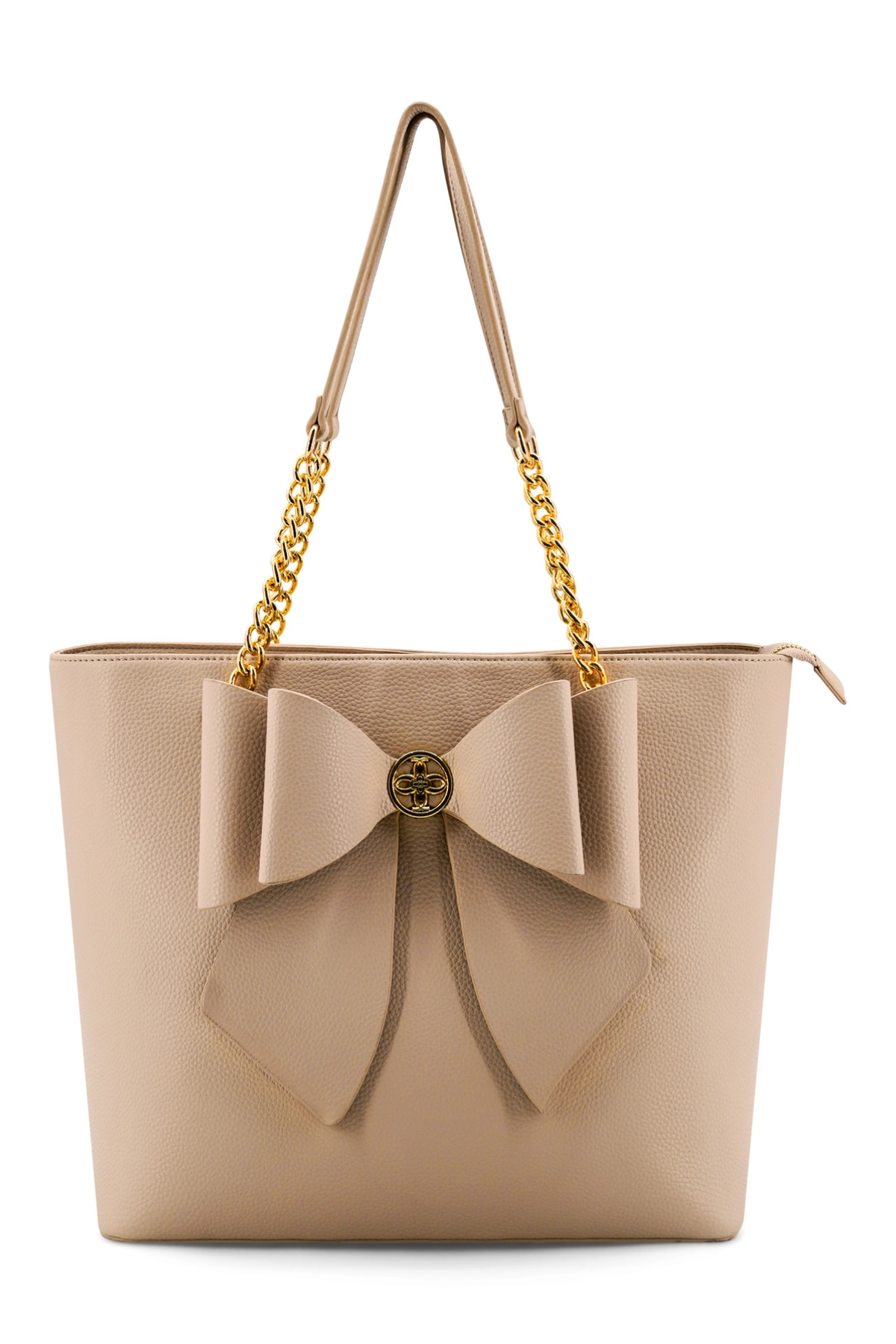 beige tote bag with large bow detail