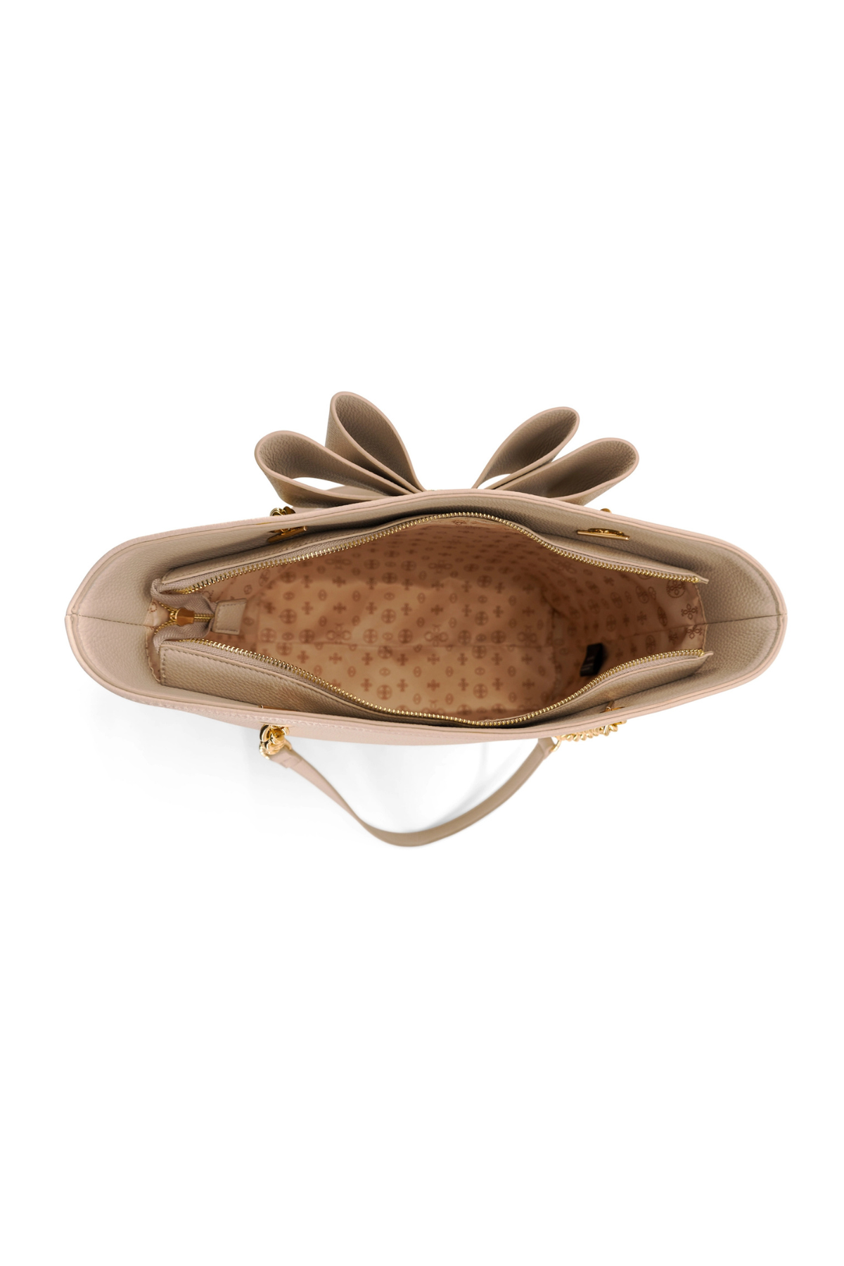 stylish beige purse with oversized bow