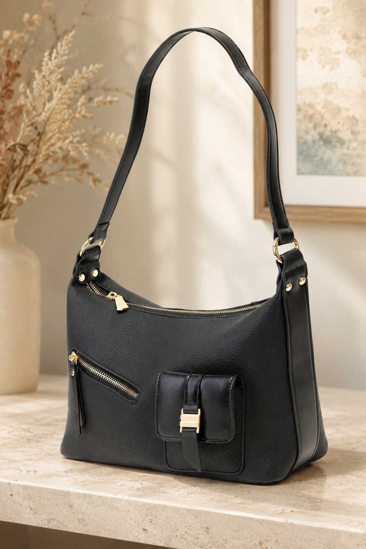 Laya tan hobo style shoulder handbag with gold hardware