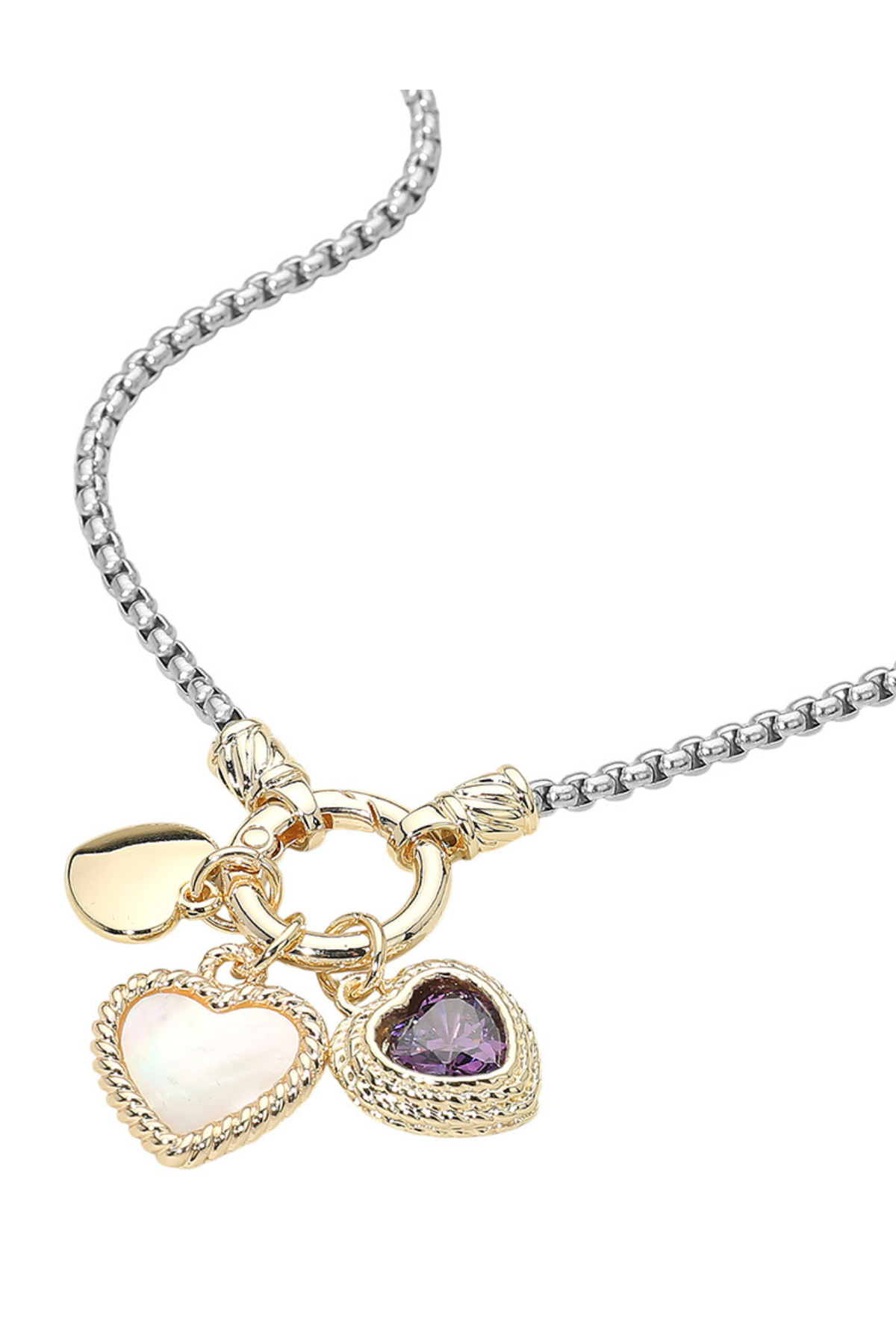 Two-tone heart charm necklace with mother of pearl and CZ stone