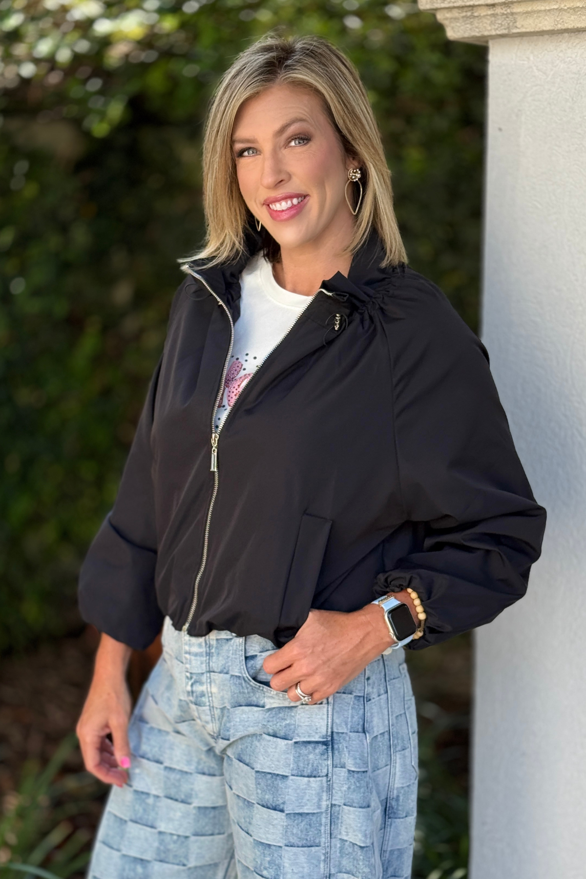 Front view of lightweight black boutique jacket
