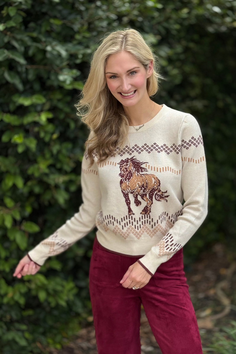 Close-up of horse design and knit pattern on Western Horse Motif Sweater