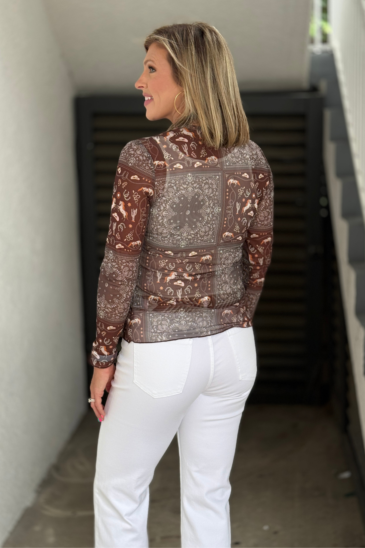 Women's sheer western bandana print boutique top