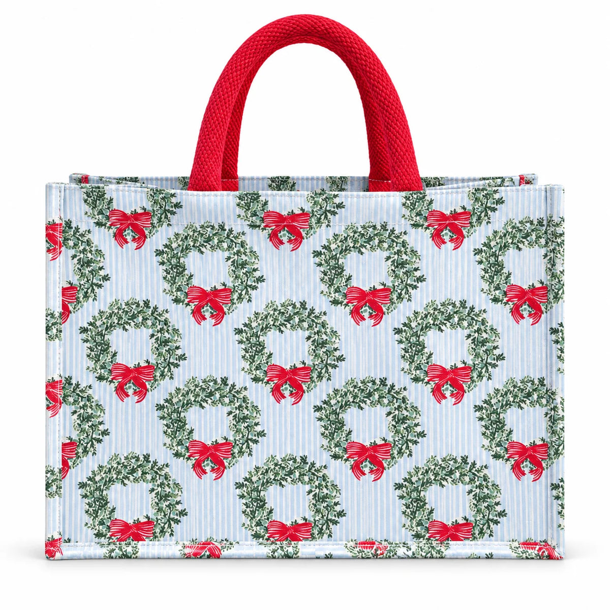 Mary Square Classic Market Shopper in Wreath & Ribbon
Christmas tote bag with green wreaths and red bows
Mary Square Wreath and Ribbon holiday shopper tote
Light blue striped Christmas market bag with red handles
Festive wreath print reusable Christmas shopping bag