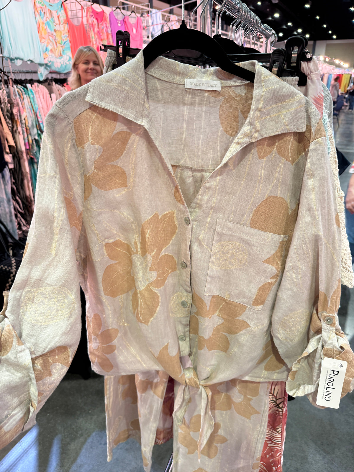 Golden Bloom Tie-Front Linen Blouse – Taupe | Made in Italy