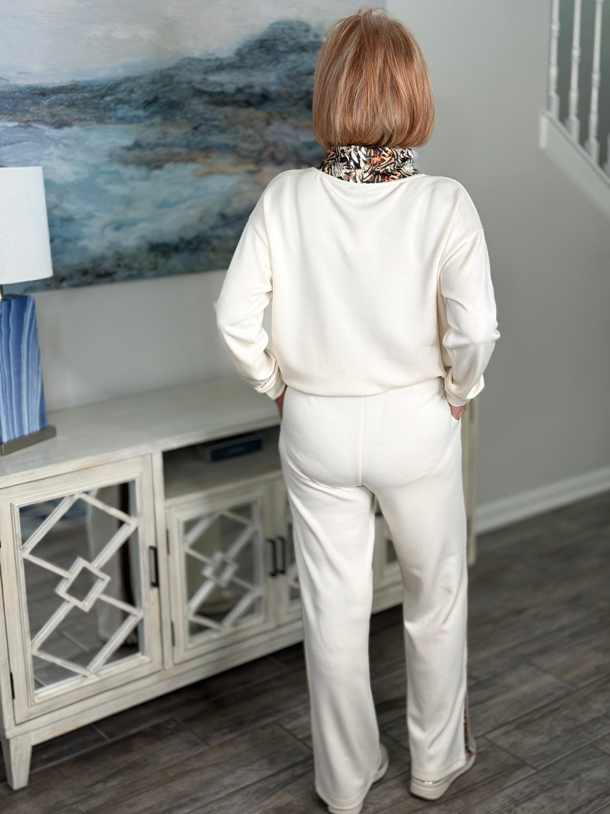 Cream Elena Wang pull-on pants with brown contrast side stripe